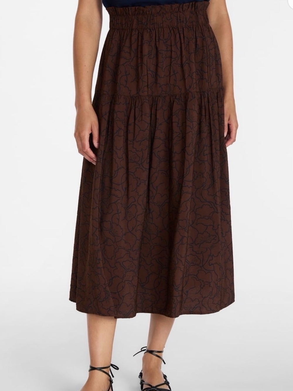 NWT Time and Tru Brown Printed Tiered Midi Skirt with Elastic Waist Size M Flowy